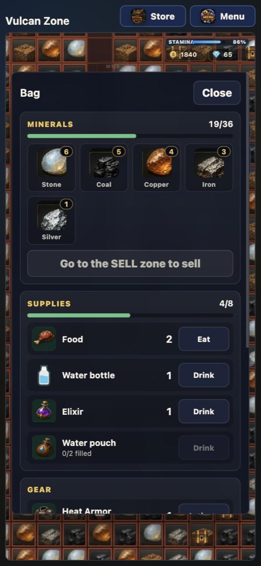 The bag showing minerals, supplies and a capacity meter